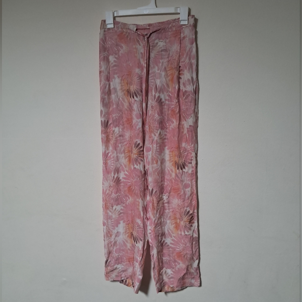 SHAN 100% Silk Floral Hi Rise Straight Fit Adjustable Waistband Pant Pink Sz. 8